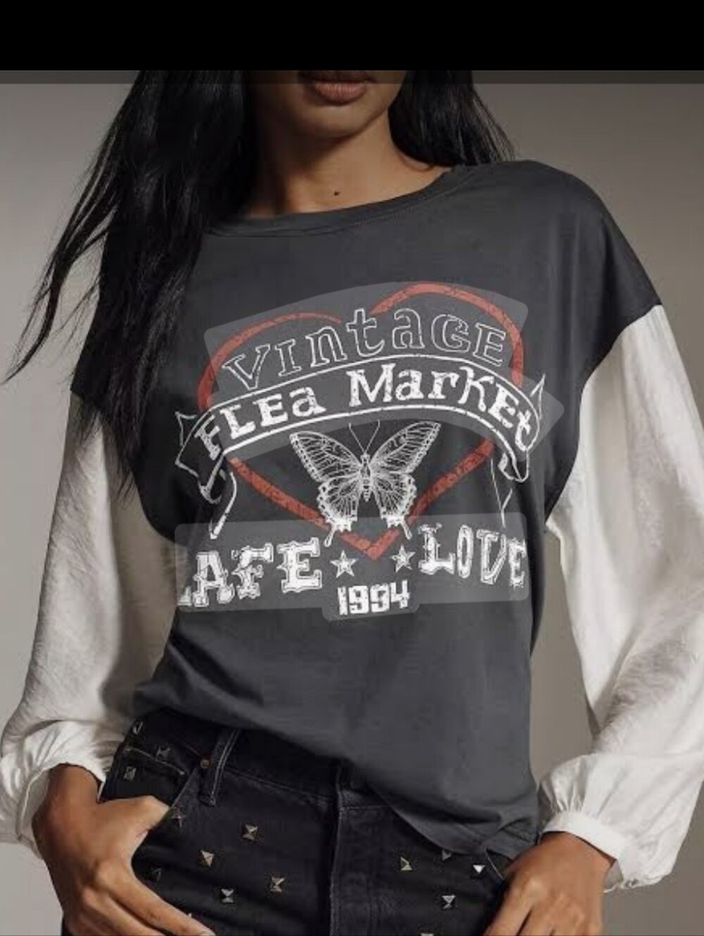 Pilcro Vintage Flea Market Contrast-Sleeve Top - Black & White Size M